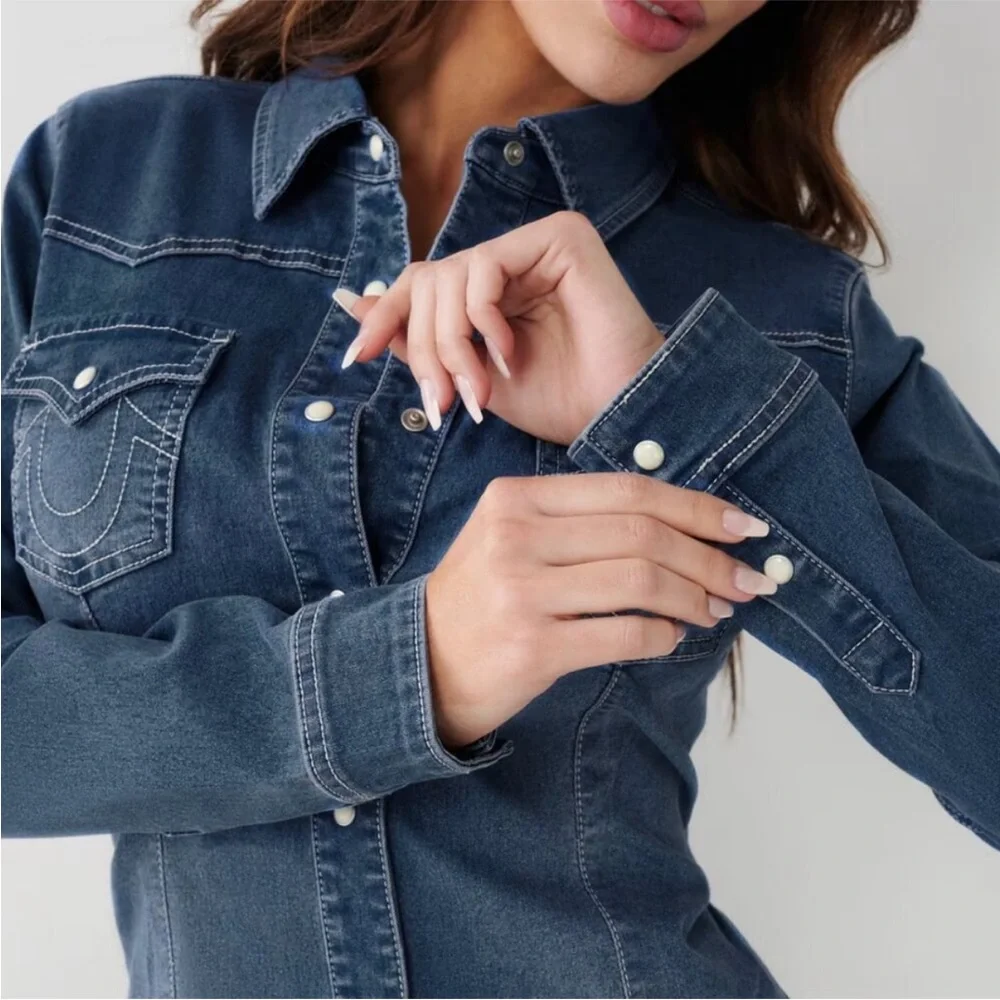 True Religion Chambray Western Denim Shirt Shacket Dark‎ Pearl Snap Button New M - Picture 5 of 13